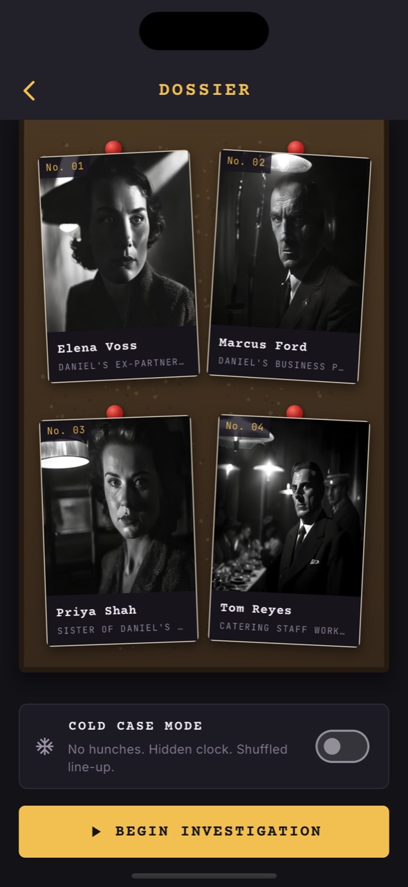 Four pinned suspect polaroids on the Nightcase dossier board