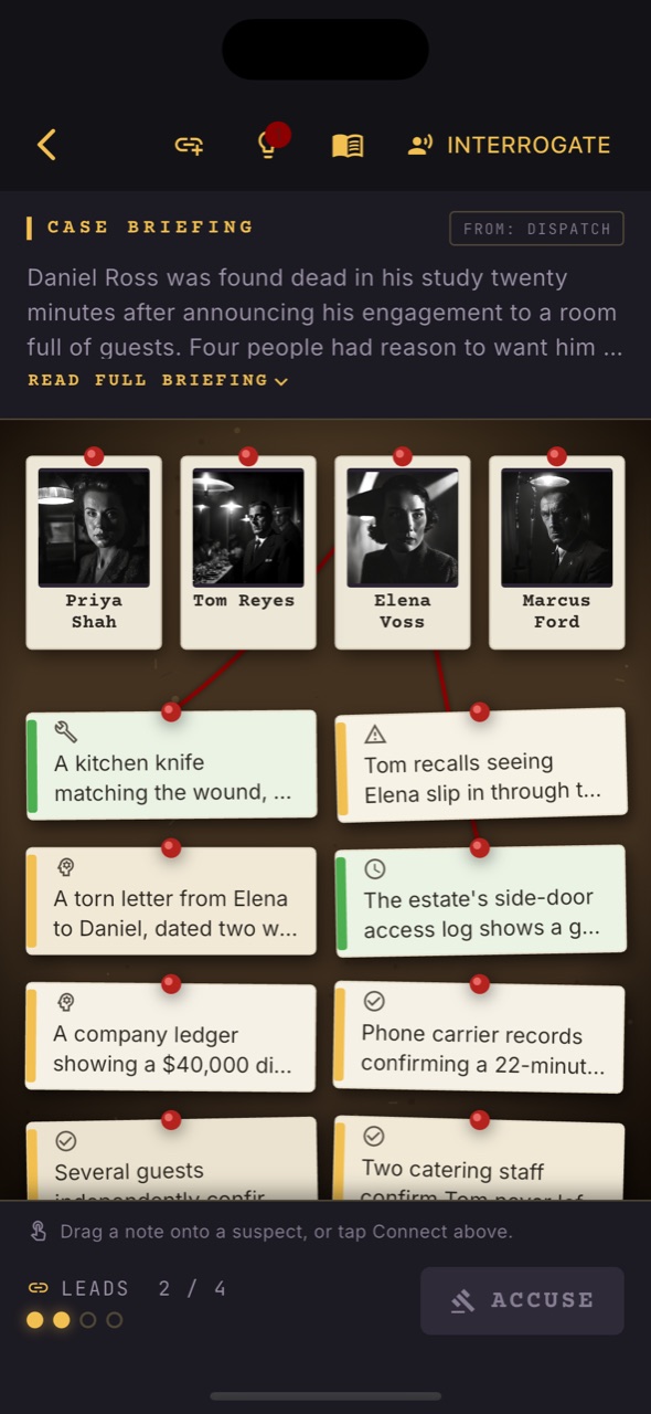 Evidence board connecting suspects and clues with red string