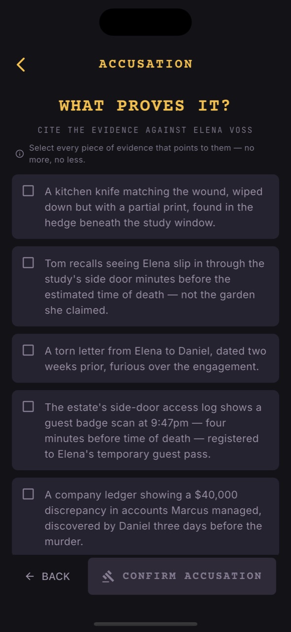 The accusation screen asking the player to cite the proof