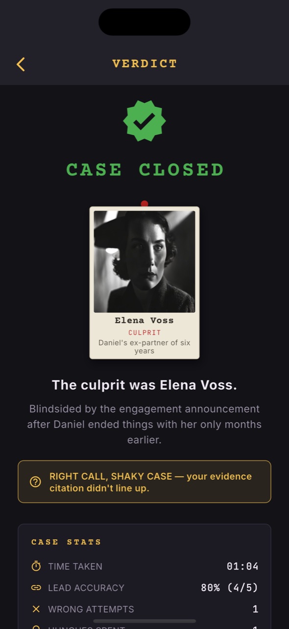 Case closed verdict screen revealing the culprit and your stats